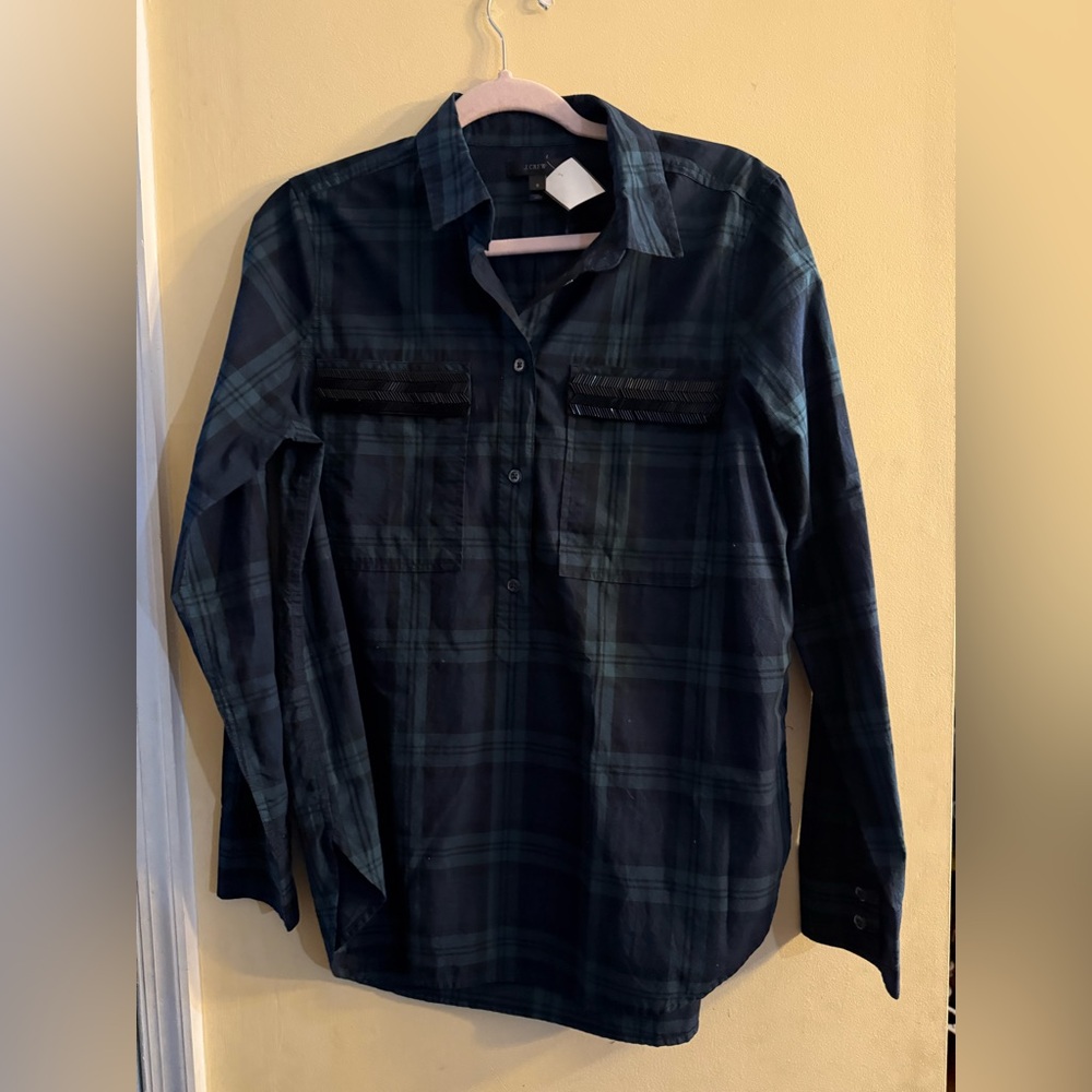 J Crew embellished chevron detail on plaid button down shirt, size 8
